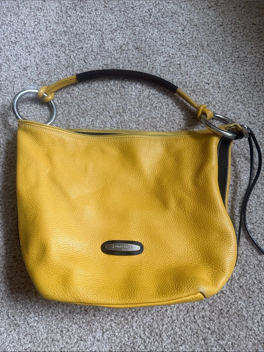 Yellow Pebbled Leather Shoulder Bag with Silver Rings